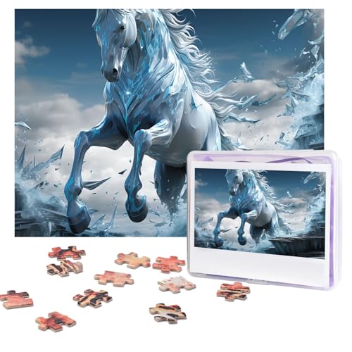 Puzzles, 500 Teile, personalisierbar, blaues Eispferd, Puzzle, anspruchsvolles Bild mit Aufbewahrungstasche, Fotopuzzle für Erwachsene, Hochzeit (75 x 50 cm) von PAQOLSMCKR