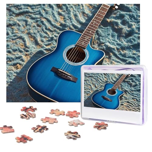 Puzzles, 500 Teile, personalisierbar, blaues Gitarren-Puzzle, anspruchsvolles Bild mit Aufbewahrungstasche, Fotopuzzle für Erwachsene, Hochzeit (52 x 38 cm) von PAQOLSMCKR