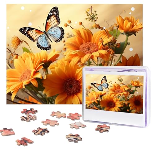 Puzzles, 500 Teile, personalisierbar, niedliche Sonnenblumen- und Schmetterlingspuzzle, anspruchsvolles Bild mit Aufbewahrungstasche, Fotopuzzle für Erwachsene, Hochzeit (75 x 50 cm) von PAQOLSMCKR