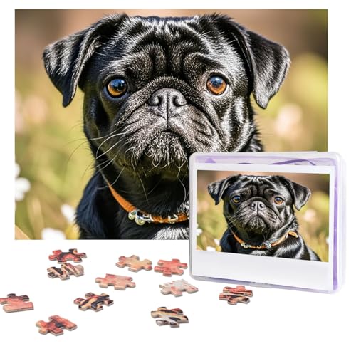 Puzzles, 500 Teile, personalisierbar, niedlicher schwarzer Mops, Hund, Puzzle, herausforderndes Bild mit Aufbewahrungstasche, Fotopuzzle für Erwachsene, Hochzeit (52 x 38 cm) von PAQOLSMCKR