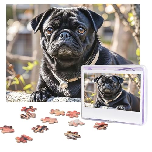 Puzzles, 500 Teile, personalisierbar, niedlicher schwarzer Mops, Hund, Puzzle, herausforderndes Bild mit Aufbewahrungstasche, Fotopuzzle für Erwachsene, Hochzeit (52 x 38 cm) von PAQOLSMCKR