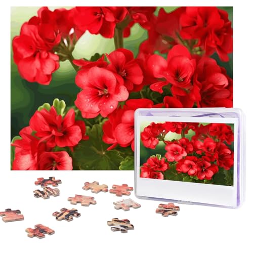 Puzzles, 500 Teile, personalisierbar, rote Geranien, Puzzle, anspruchsvolles Bild mit Aufbewahrungstasche, Fotopuzzle für Erwachsene, Hochzeit (52 x 38 cm) von PAQOLSMCKR