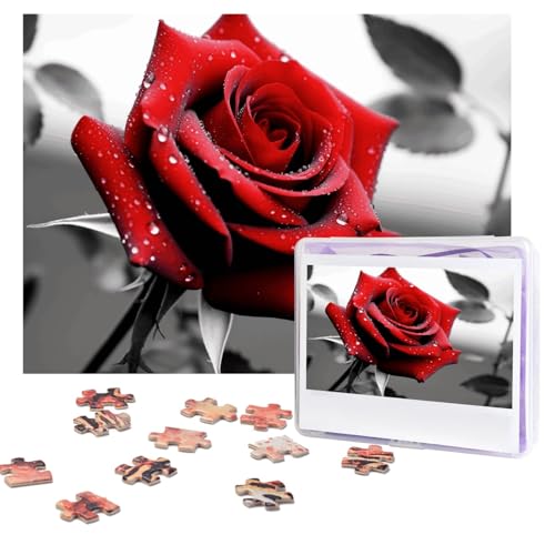 Puzzles, 500 Teile, personalisierbar, schwarz-weiß-rote Rose, Puzzle, anspruchsvolles Bild mit Aufbewahrungstasche, Fotopuzzle für Erwachsene, Hochzeit (52 x 38 cm) von PAQOLSMCKR