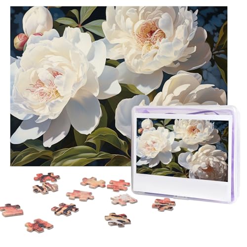 Puzzles, 500 Teile, personalisierbar, weiße Pfingstrose, Puzzle, anspruchsvolles Bild mit Aufbewahrungstasche, Fotopuzzle für Erwachsene, Hochzeit (75 x 50 cm) von PAQOLSMCKR