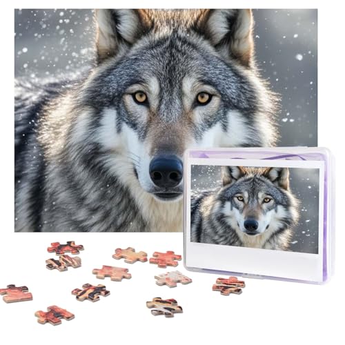 Puzzles, 500 Teile, personalisierbar, wild, grauer Wolf, Puzzle, herausforderndes Bild mit Aufbewahrungstasche, Fotopuzzle für Erwachsene, Hochzeit (52 x 38 cm) von PAQOLSMCKR