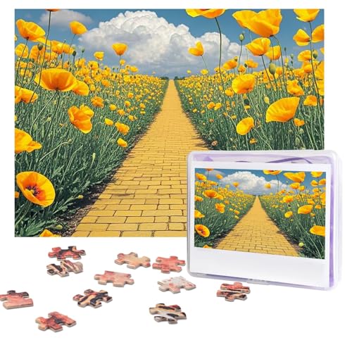 Puzzles, 500 Teile, personalisiertes Puzzle, Mohnblumenfeld, gelber Ziegelstein, Straße, Puzzle, anspruchsvolles Bild mit Aufbewahrungstasche, Fotopuzzle für Erwachsene, Hochzeit (52 x 38 cm) von PAQOLSMCKR