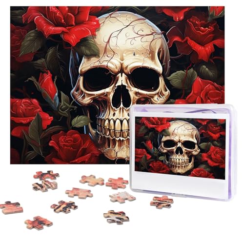 Puzzles, 500 Teile, personalisiertes Puzzle, Totenkopf, rosenrot, Puzzle, anspruchsvolles Bild mit Aufbewahrungstasche, Fotopuzzle für Erwachsene, Hochzeit (75 x 50 cm) von PAQOLSMCKR