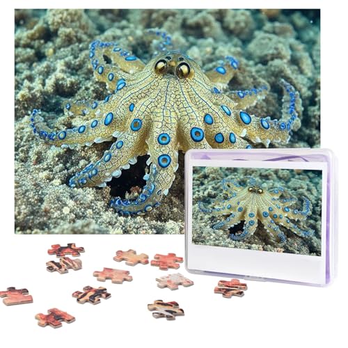 Puzzles, 500 Teile, personalisiertes Puzzle, blau geringelt, Oktopus-Puzzle, herausforderndes Bild mit Aufbewahrungstasche, Fotopuzzle für Erwachsene, Hochzeit (52 x 38 cm) von PAQOLSMCKR