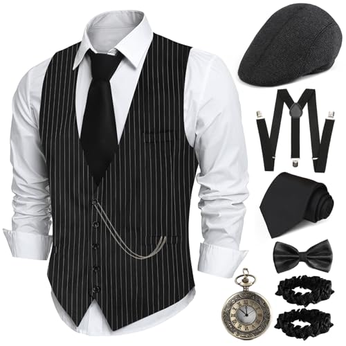 PARTTELY 1920er Herren-Kostüm, brüllende 20er-Jahre-Kostüme für Herren, 1920er-Jahre-Kostüm, Zubehör mit Weste, Hut, Tasche, Uhr, Krawatte, Armband, Schwarze Streifen mit Gürtel, L von PARTTELY