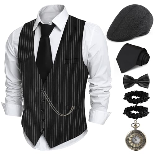 PARTTELY 1920er Herren-Kostüm, brüllende 20er-Jahre-Kostüme für Herren, 1920er-Jahre-Kostüm, Zubehör mit Weste, Hut, Tasche, Uhr, Krawatte, Armband PARTTELY 1920er Herren-Kostüm, brüllende 20er-Jahre-Kostüme für Herren, 1920er-Jahre-Kostüm, Zubehör mit Weste, Hut, Tasche, Uhr, Krawatte, Armband von PARTTELY