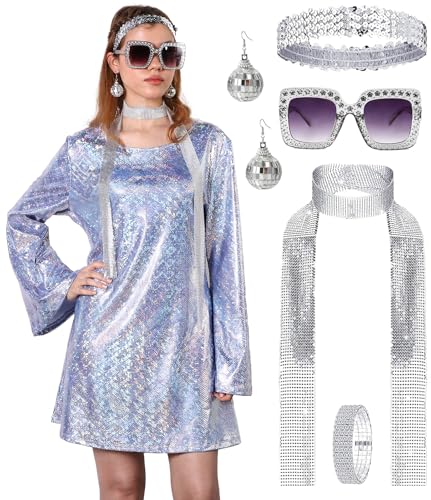 PARTTELY 70er Jahre Disco Outfit Damen 70er Jahre Thema Disco Kleid Kostüm Glänzend Go Go Kleid für Halloween Geburtstag Tanzparty PARTTELY 70er Jahre Disco Outfit Damen 70er Jahre Thema Disco Kleid Kostüm Glänzend Go Go Kleid für Halloween Geburtstag Tanzparty von PARTTELY
