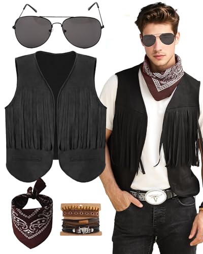 PARTTELY Cowboy-Kostüm-Outfit für Herren, Cowboy-Kostüm, Wildleder, Weste, Hut, Krawatte, Schnalle, Gürtel für Halloween-Kostümparty von PARTTELY