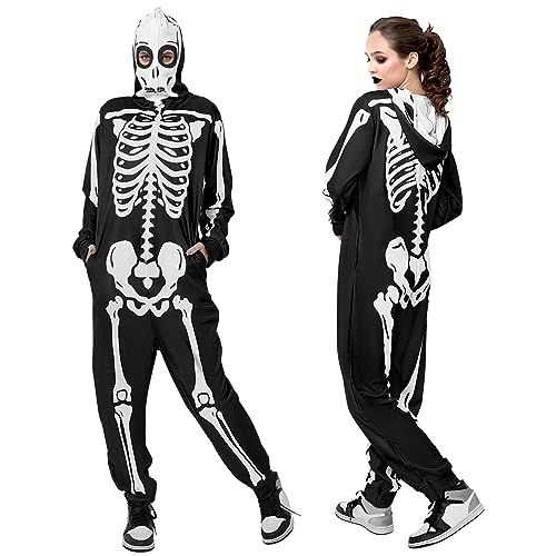 PARTTELY Einteiler für Erwachsene, Skelett-Kostüm, Damen, vorne und hinten, Knochen-Druck, Halloween, Skelett-Overall für Herren, mit Reißverschluss und Kapuze von PARTTELY