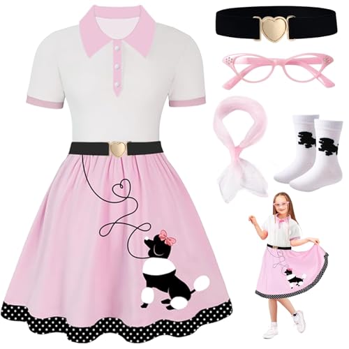 PARTTELY Pudelrock, 50er-Jahre-Kostüm für Mädchen, 5-teiliges Socken-Hop-Kostüm der 1950er Jahre mit Brille, Bund, Schal und Socke für Halloween PARTTELY Pudelrock, 50er-Jahre-Kostüm für Mädchen, 5-teiliges Socken-Hop-Kostüm der 1950er Jahre mit Brille, Bund, Schal und Socke für Halloween von PARTTELY