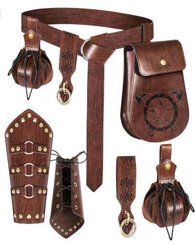 PARTTELY Renaissance-Accessoires, Mittelaltergürtel, Lederarmbänder, Gürteltasche, Schlüsselanhänger, Renaissance-Kostüm-Set für Halloween und Cosplay, 5 Stück von PARTTELY