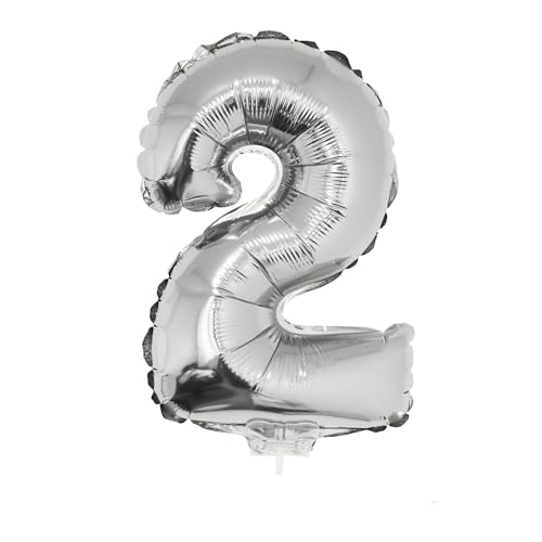 PARTY DISCOUNT NEU Mini-Folienballon am Papierstäbchen, Zahl 2, Silber, ca. 40cm von PARTY DISCOUNT