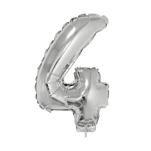 PARTY DISCOUNT NEU Mini-Folienballon am Papierstäbchen, Zahl 4, Silber, ca. 40cm von PARTY DISCOUNT