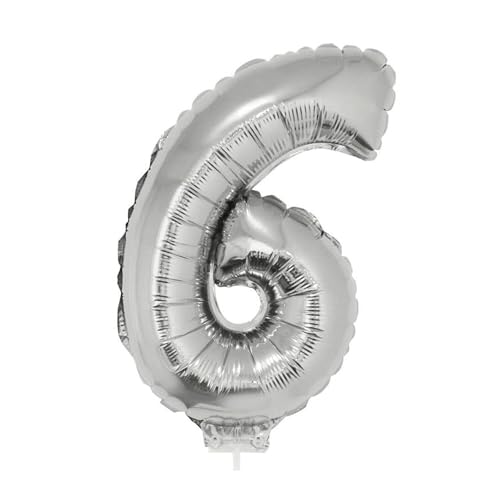 PARTY DISCOUNT NEU Mini-Folienballon am Papierstäbchen, Zahl 6, Silber, ca. 40cm von PARTY DISCOUNT