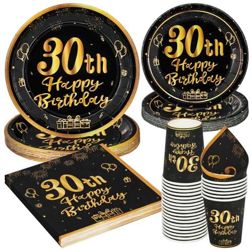 96 Stück Schwarz und Gold Party Geschirr Set für 30. Geburtstag - Pappteller für 24 Gäste, Tischdekoration von PARTY GO