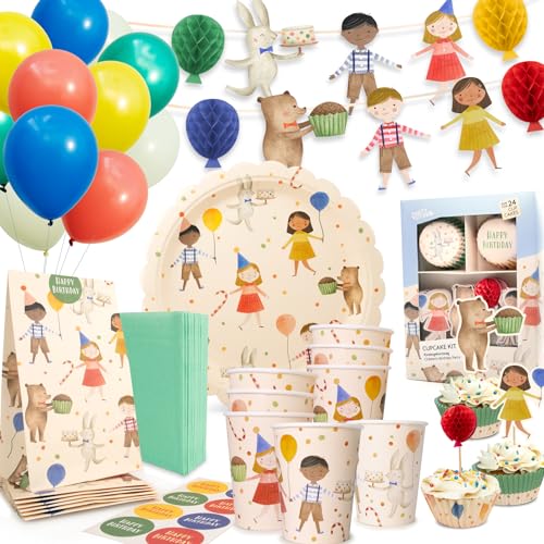 PARTY PARTY 105 Teile Kindergeburtstag Deko 8 Kinder GESCHENKTÜTEN + PARTYGESCHIRR + CUPCAKE TOPPER + GIRLANDE + BALLONS, Waldtier Geburtstag Vintage Stil Hase Bär, Geburtstag Jungen Mädchen Kleinkind von PARTY PARTY