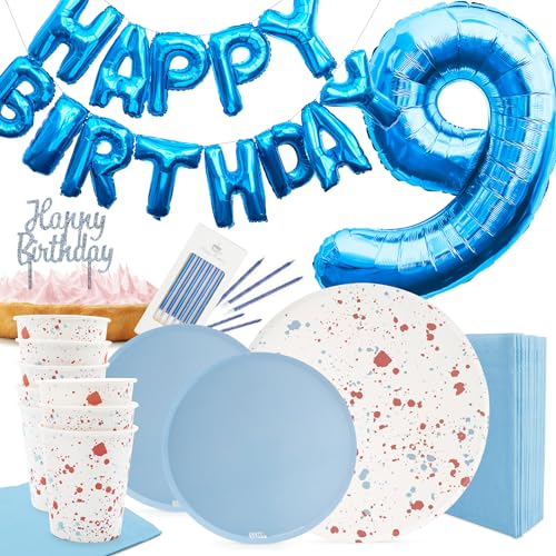 PARTY PARTY 71-teiliges Set 9. Geburtstag Sprinkles Blau, Partygeschirr Partydeko für 8 Gäste (Becher, Teller, Servietten, Kuchendeko, Folienballons), Kindergeburtstag von PARTY PARTY