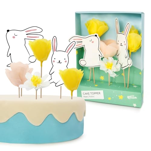 PARTY PARTY Hase Tortendeko Cake Topper Set 6 Teile, Blumen Kuchen Deko, Osterhase, Oster Deko, Kindergeburtstag Junge Mädchen, Geburtstag von PARTY PARTY