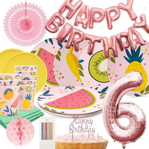 PARTY PARTY 67 Teile Geburtstag Sommer Partygeschirr 6. Geburtstag rosa Deko, 8 Gäste (Becher, Teller, Servietten, Tortendeko, Folienballons, Girlande, Wabenball) Kindergeburtstag Mädchen von PARTY PARTY