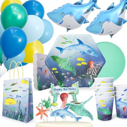 PARTY PARTY 68 Teile glitzerndes Unterwasser Geburtstag Set 8 Gäste, GESCHENKTÜTEN + PARTYGESCHIRR + CAKETOPPER + BALLONS, schillernde Fische, Meerestiere-Kindergeburtstag Junge Mädchen von PARTY PARTY