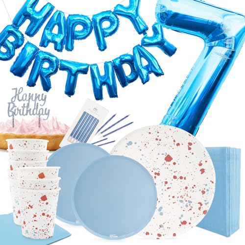 PARTY PARTY 71-teiliges Set 7. Geburtstag Sprinkles Blau, Partygeschirr Partydeko für 8 Gäste (Becher, Teller, Servietten, Kuchendeko, Folienballons), Kindergeburtstag von PARTY PARTY
