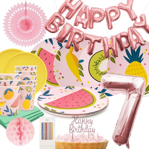 PARTY PARTY 73 Teile Geburtstag Sommer Partygeschirr 7. Geburtstag rosa Deko, 8 Gäste (Becher, Teller, Servietten, Tortendeko, Folienballons, Girlande, Wabenball) Kindergeburtstag Mädchen von PARTY PARTY