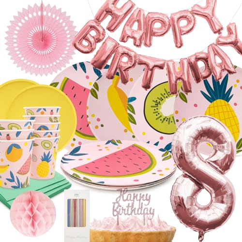 PARTY PARTY 73 Teile Geburtstag Sommer Partygeschirr 8. Geburtstag rosa Deko, 8 Gäste (Becher, Teller, Servietten, Tortendeko, Folienballons, Girlande, Wabenball) Kindergeburtstag Mädchen von PARTY PARTY