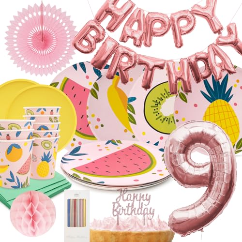 PARTY PARTY 73 Teile Geburtstag Sommer Partygeschirr 9. Geburtstag rosa Deko, 8 Gäste (Becher, Teller, Servietten, Tortendeko, Folienballons, Girlande, Wabenball) Kindergeburtstag Mädchen von PARTY PARTY