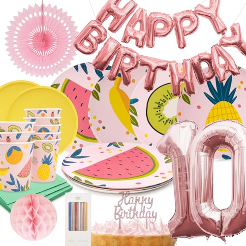 PARTY PARTY 74 Teile Geburtstag Sommer Partygeschirr 10. Geburtstag rosa Deko, 8 Gäste (Becher, Teller, Servietten, Tortendeko, Folienballons, Girlande, Wabenball) Kindergeburtstag Mädchen von PARTY PARTY