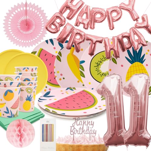PARTY PARTY 74 Teile Geburtstag Sommer Partygeschirr 11. Geburtstag rosa Deko, 8 Gäste (Becher, Teller, Servietten, Tortendeko, Folienballons, Girlande, Wabenball) Kindergeburtstag Mädchen von PARTY PARTY