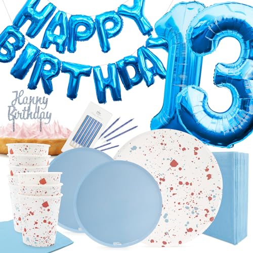 PARTY PARTY 78-teiliges Set 13. Geburtstag Sprinkles Blau, Partygeschirr Partydeko für 8 Gäste (Becher, Teller, Servietten, Kuchendeko, Folienballons), Kindergeburtstag von PARTY PARTY