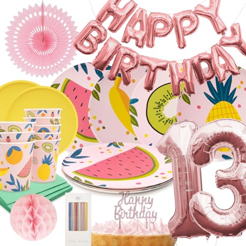 PARTY PARTY 80 Teile Geburtstag Sommer Partygeschirr 13. Geburtstag rosa Deko, 8 Gäste (Becher, Teller, Servietten, Tortendeko, Folienballons, Girlande, Wabenball) Kindergeburtstag Mädchen von PARTY PARTY