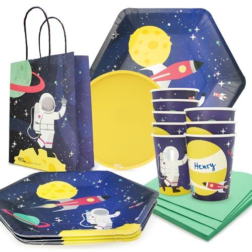 PARTY PARTY Weltraum 84 Teile Party Set 16 Gäste Geschenktüten und Partygeschirr Partybecher, Pappteller, Servietten mit Silberfolie Astronaut, Rakete, Planet, Weltall Kindergeburtstag, Junge von PARTY PARTY