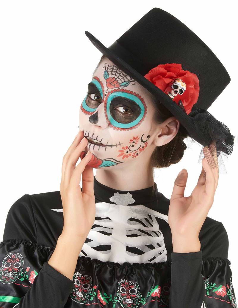 Dia de los Muertos Zylinder mit Totenkopf in Rose Halloween-Accessoire schwarz-rot-weiss von KARNEVAL-MEGASTORE
