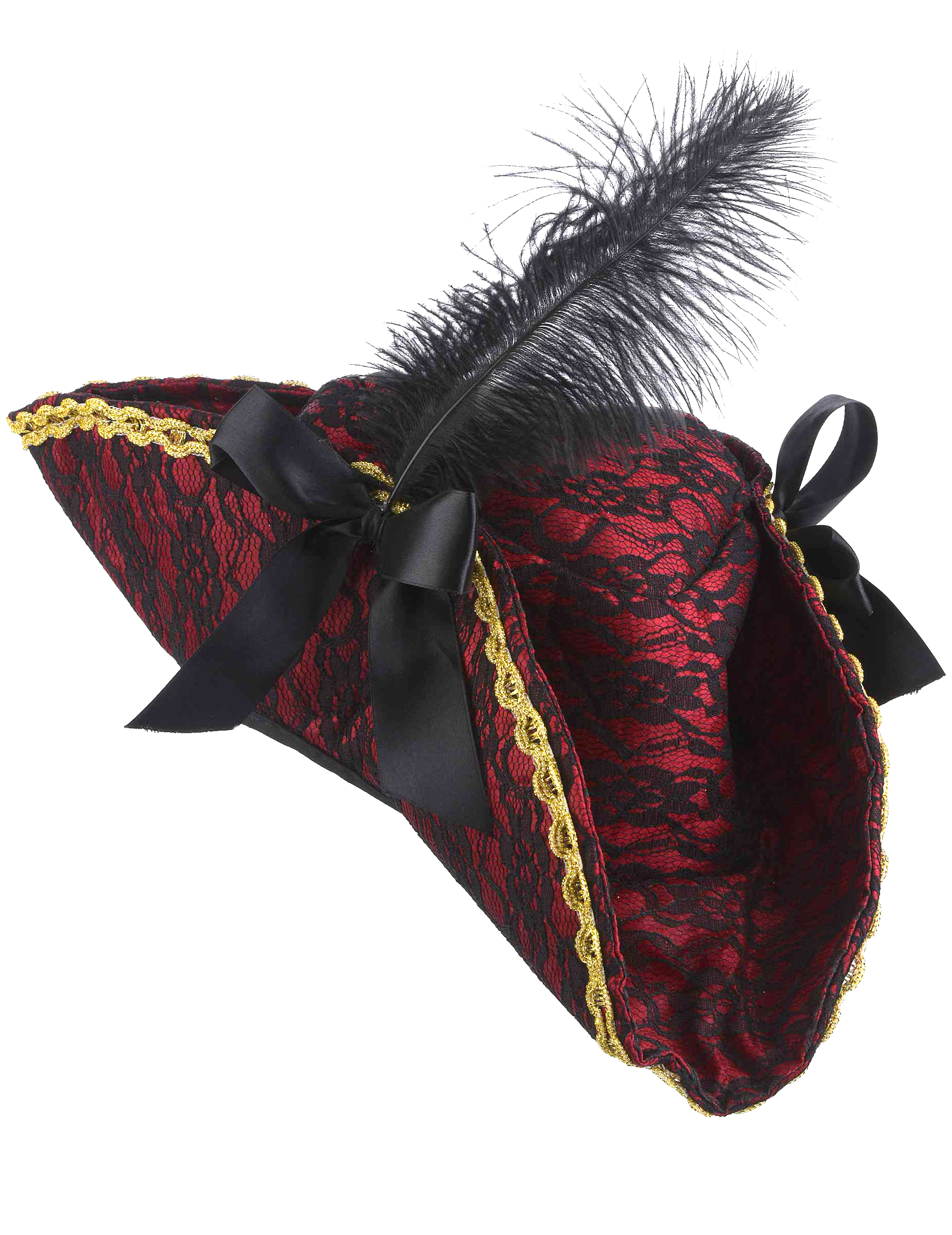 Piratin-Hut Dreispitz mit Spitze und Feder Kostüm-Accessoire rot-schwarz-gold Piratin-Hut Dreispitz mit Spitze und Feder Kostüm-Accessoire rot-schwarz-gold von KARNEVAL-MEGASTORE