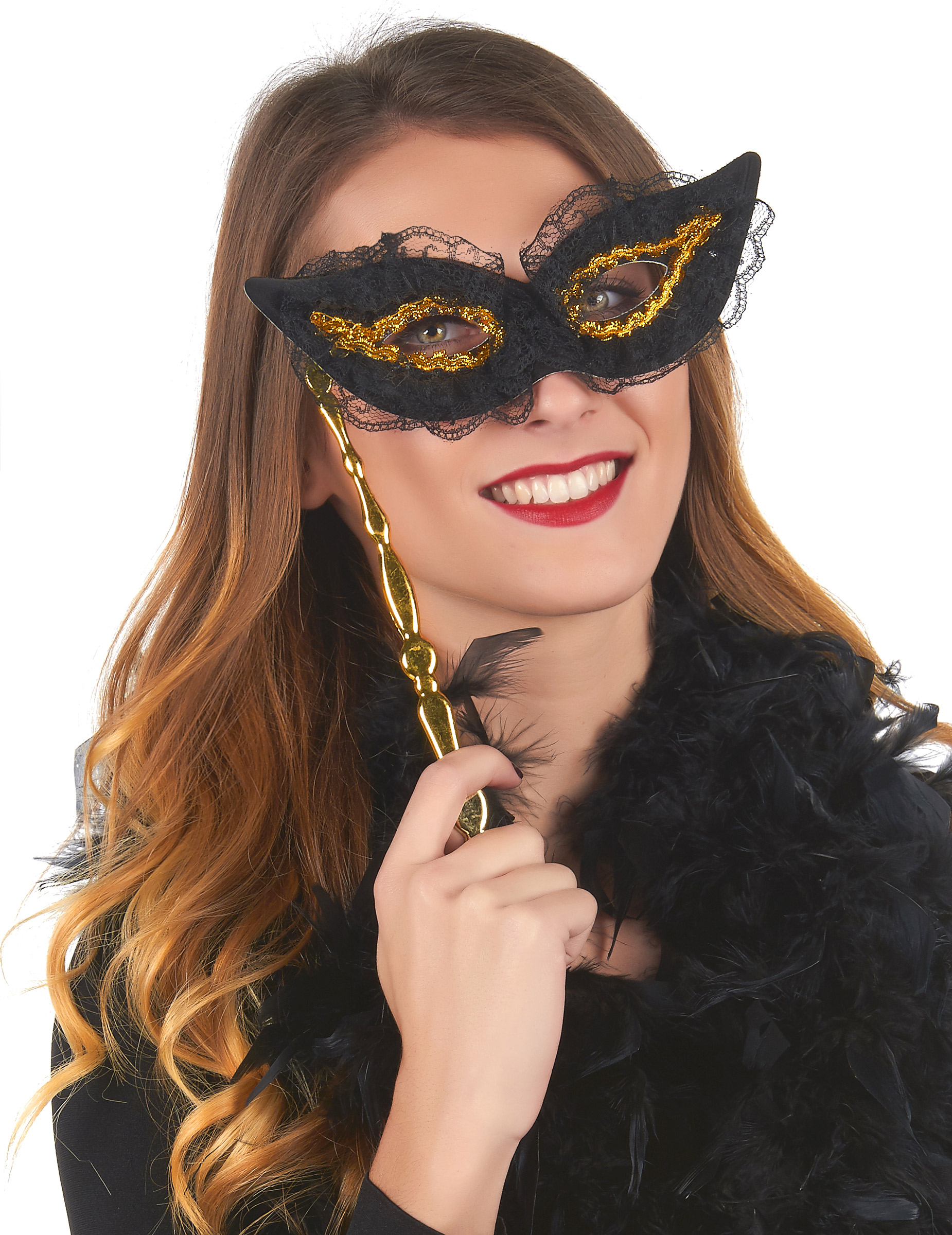 Stab-Augenmaske mit Spitze schwarz-gold Stab-Augenmaske mit Spitze schwarz-gold von KARNEVAL-MEGASTORE