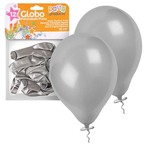 PARTY 68409 Packung mit 12 Luftballons, 23 cm, Metallisch Silber, Medium von PARTY