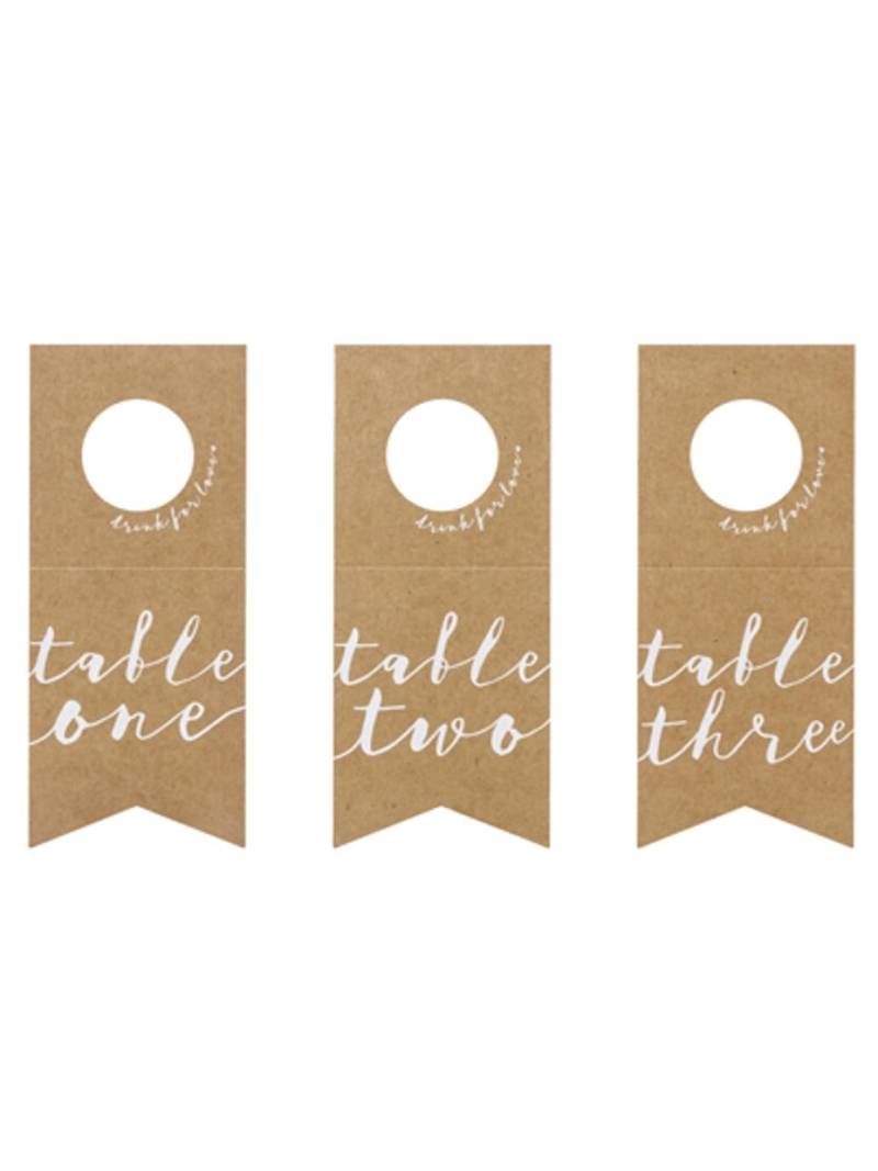 10 Flaschenanhänger Tischnummern aus Kraftpapier mit weißer Schrift 10 Flaschenanhänger Tischnummern aus Kraftpapier mit weißer Schrift von PARTYDECO