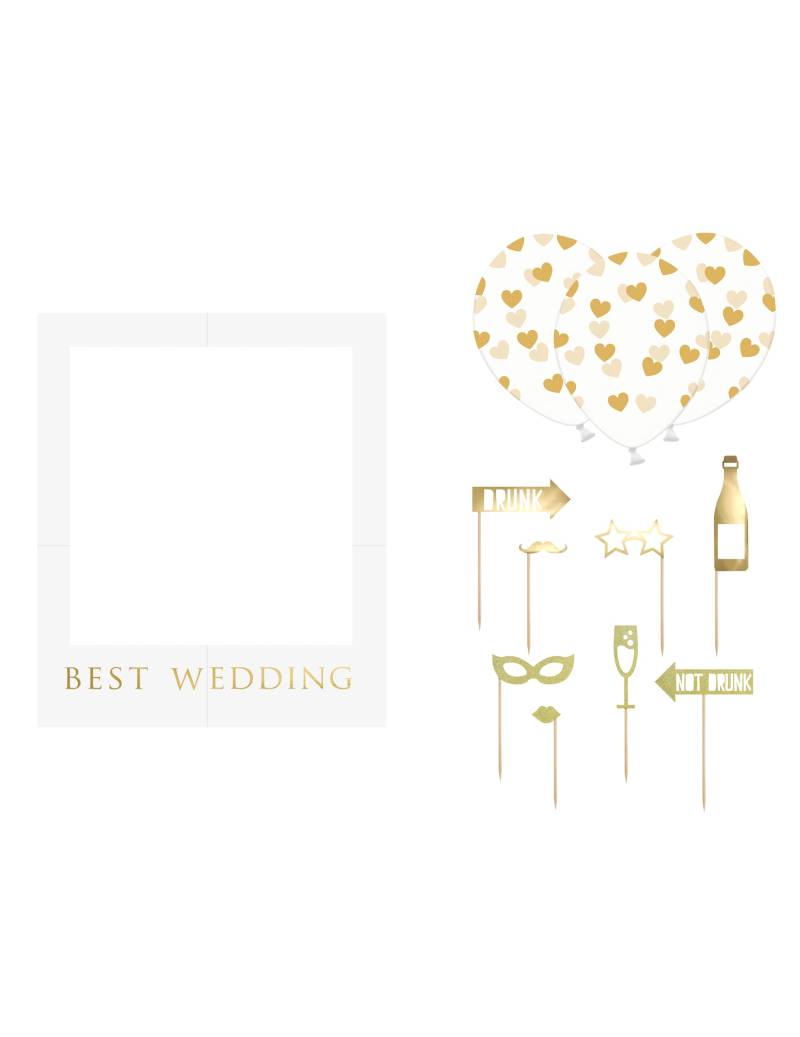 12-teiliges Photobooth-Set Hochzeit Weiß und Gold mit Rahmen von PARTYDECO