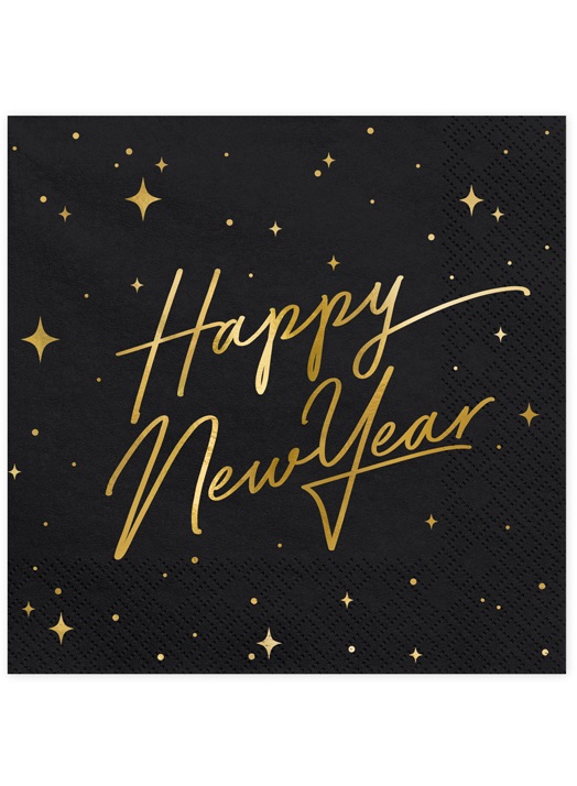 20 Servietten Happy New Year Schwarz Gold 33 x 33 cm von PARTYDECO