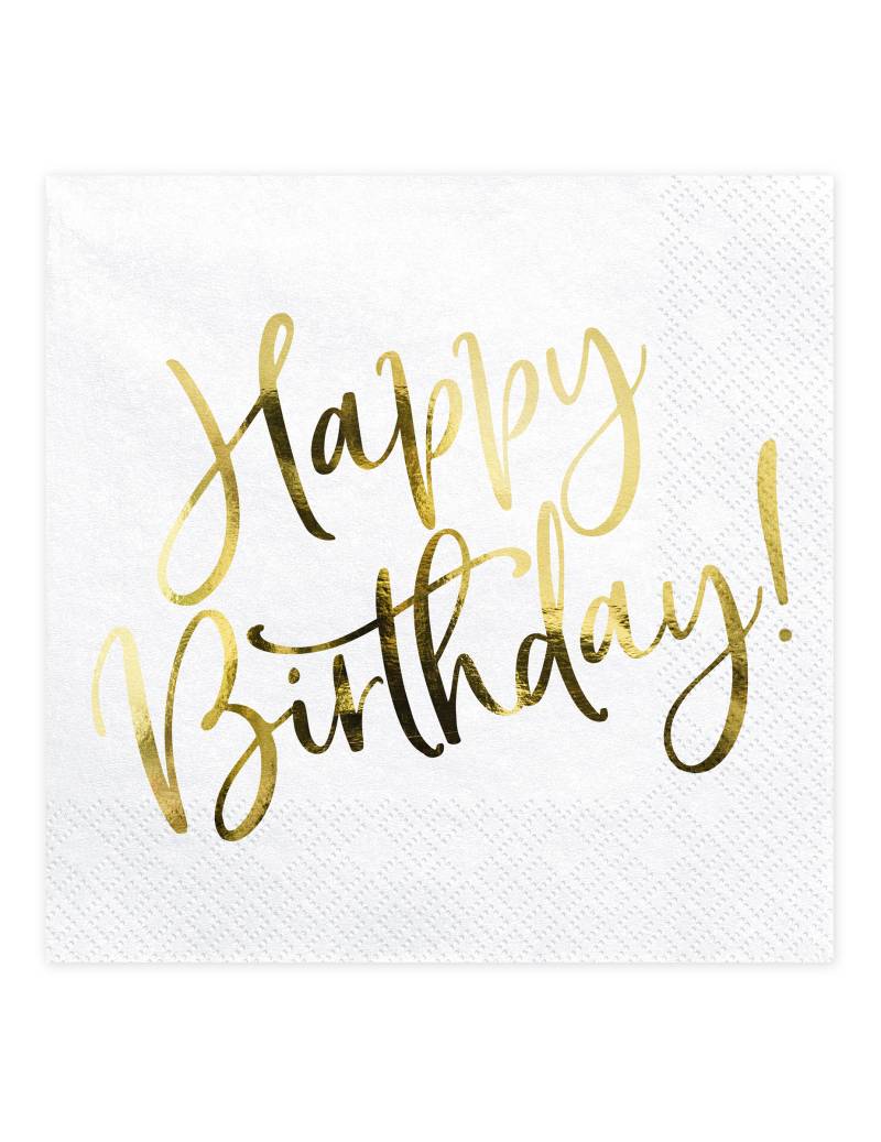 20 weiß goldene Happy Birthday Papierservietten 33 x 33 cm von PARTYDECO