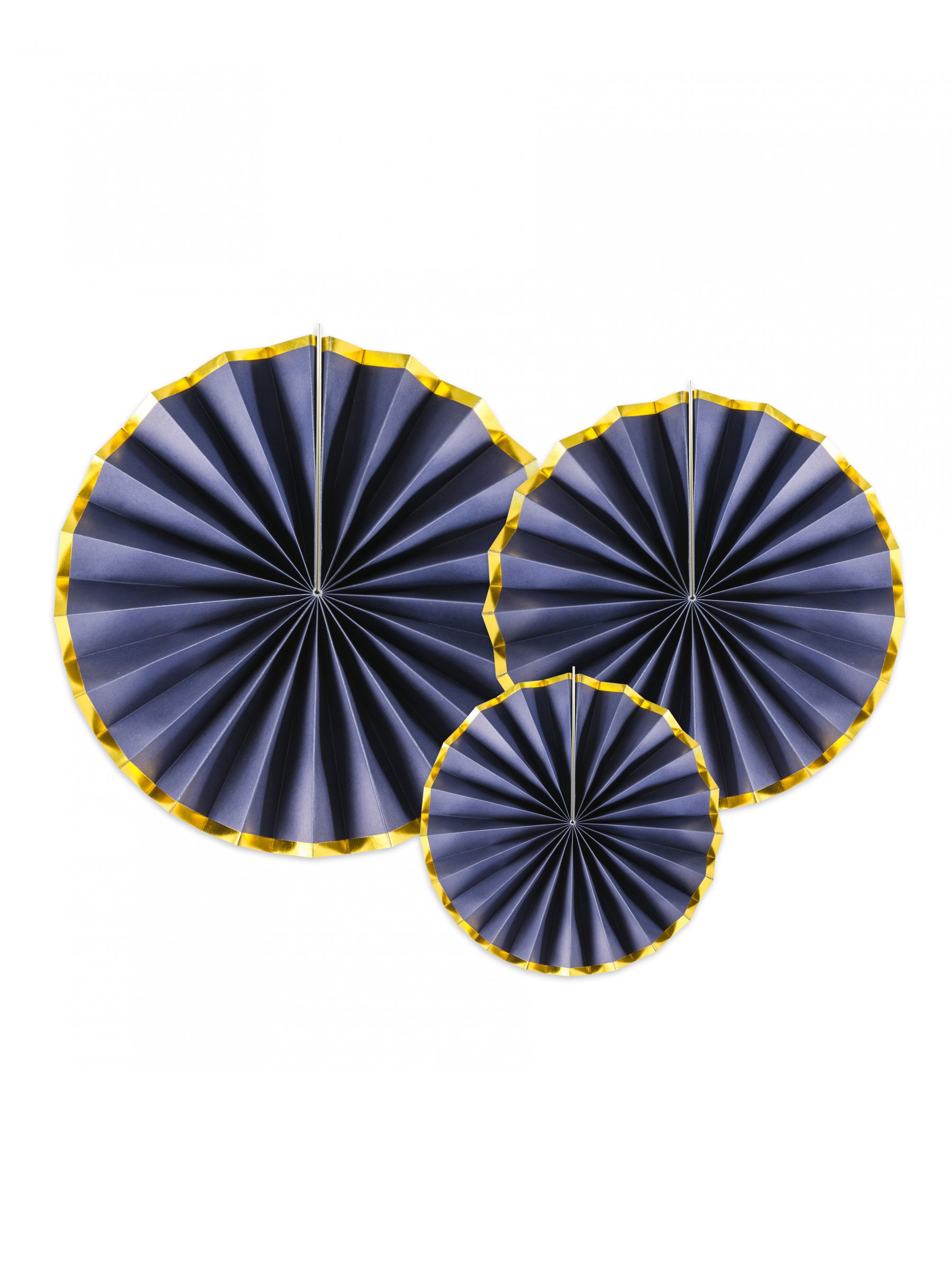 3 Dekofächer aus Pappe in Dunkelblau und Gold 23, 32 und 40 cm zum Aufhängen 3 Dekofächer aus Pappe in Dunkelblau und Gold 23, 32 und 40 cm zum Aufhängen von PARTYDECO
