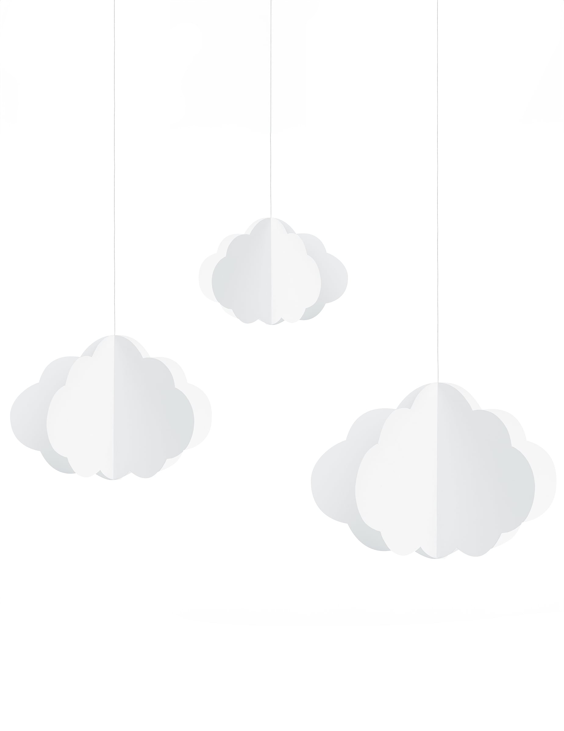 3 hängende weiße Pappwolken als Dekoration 3 hängende weiße Pappwolken als Dekoration von PARTYDECO