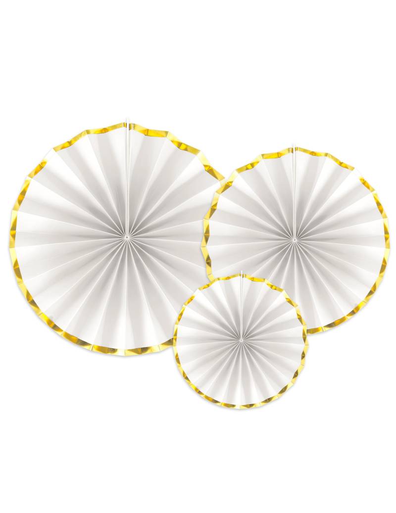 3er Set Papierfächer Weiß + Gold Deko (40/32/23 cm) von PARTYDECO