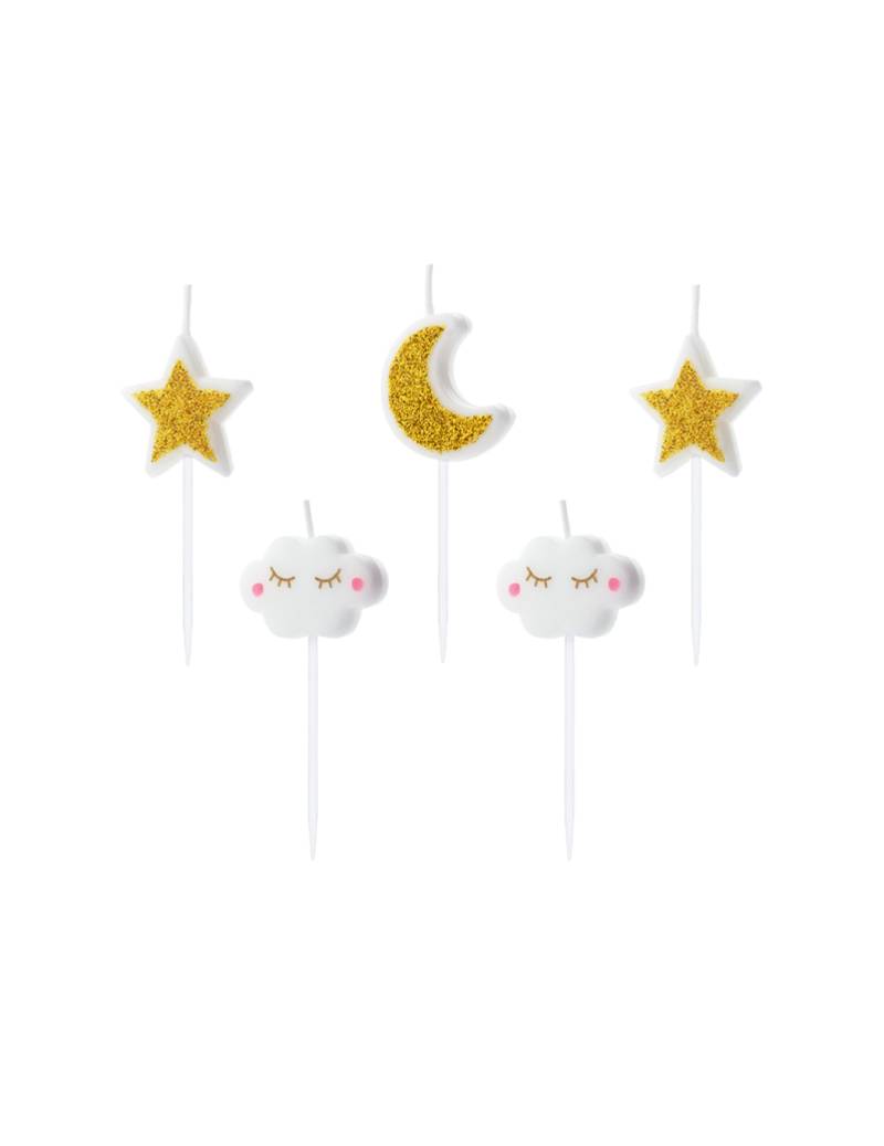 5 Geburtstagskerzen Konstellation Weiß-Gold Wolken und Sterne 5 Geburtstagskerzen Konstellation Weiß-Gold Wolken und Sterne von PARTYDECO