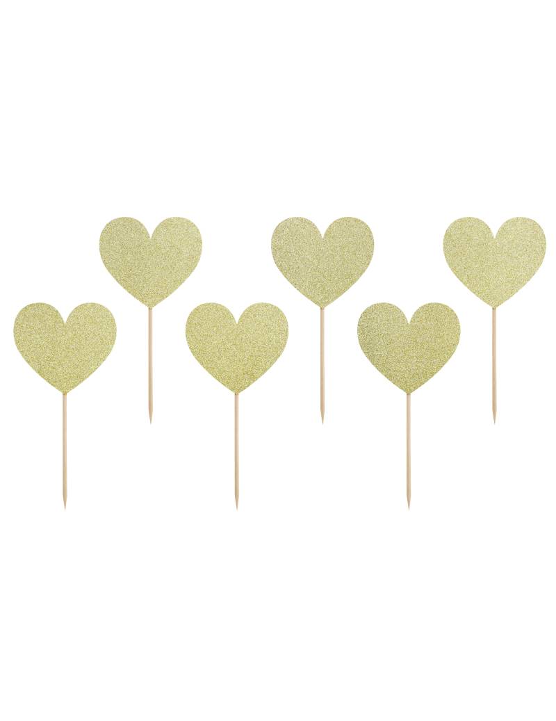 6 Goldene Herzpicks Glitzer 11 cm von PARTYDECO